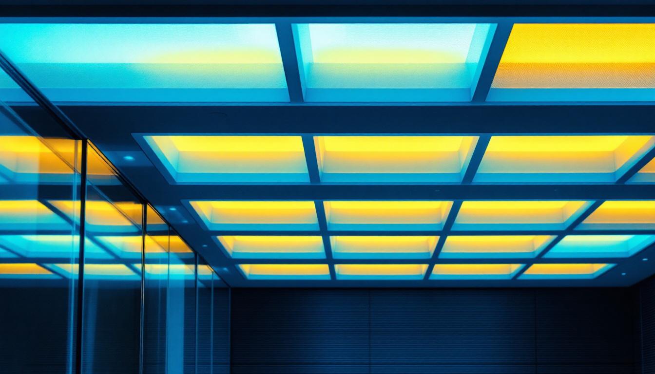 A photograph of a modern drop ceiling installation featuring sleek recessed lights