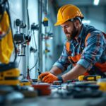 A photograph of a skilled lighting contractor using a variety of electrical equipment tools on a job site