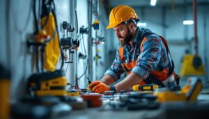 A photograph of a skilled lighting contractor using a variety of electrical equipment tools on a job site