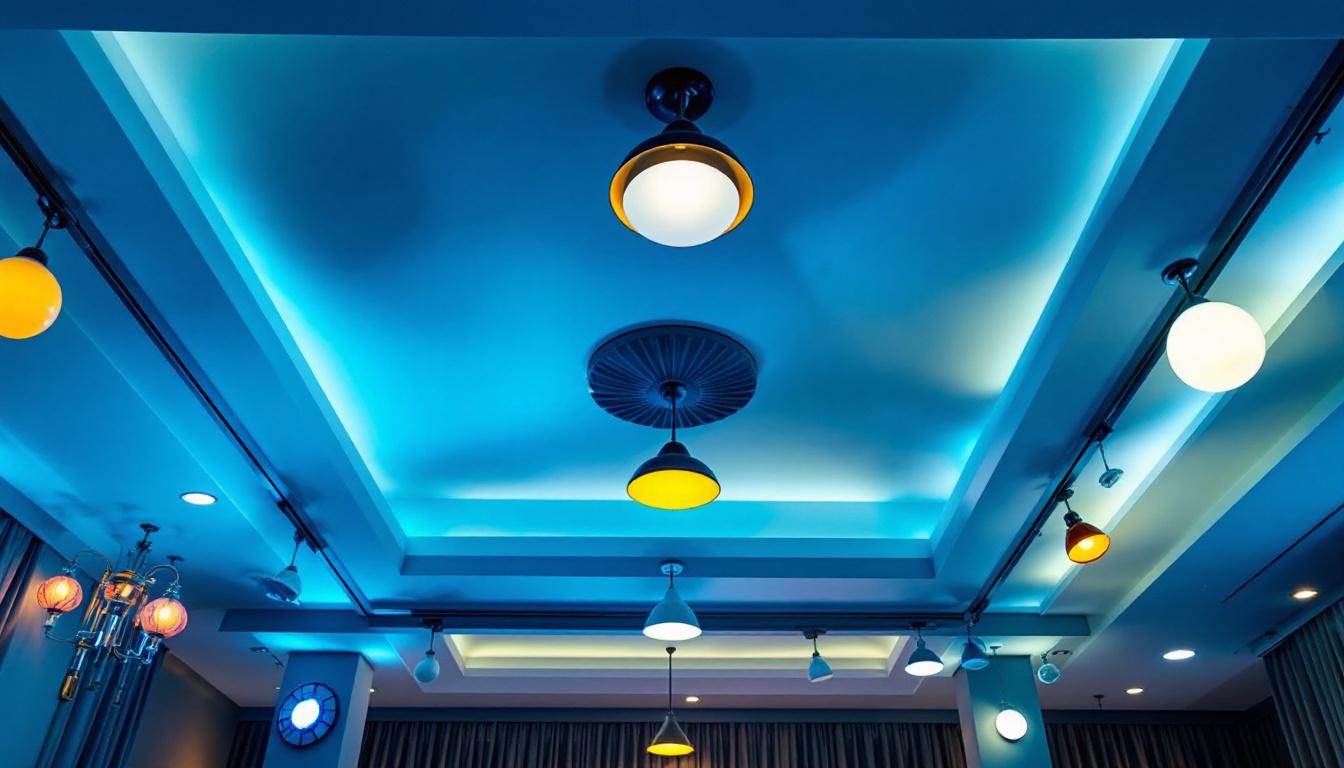 A photograph of a beautifully designed ceiling featuring a variety of lighting fixtures