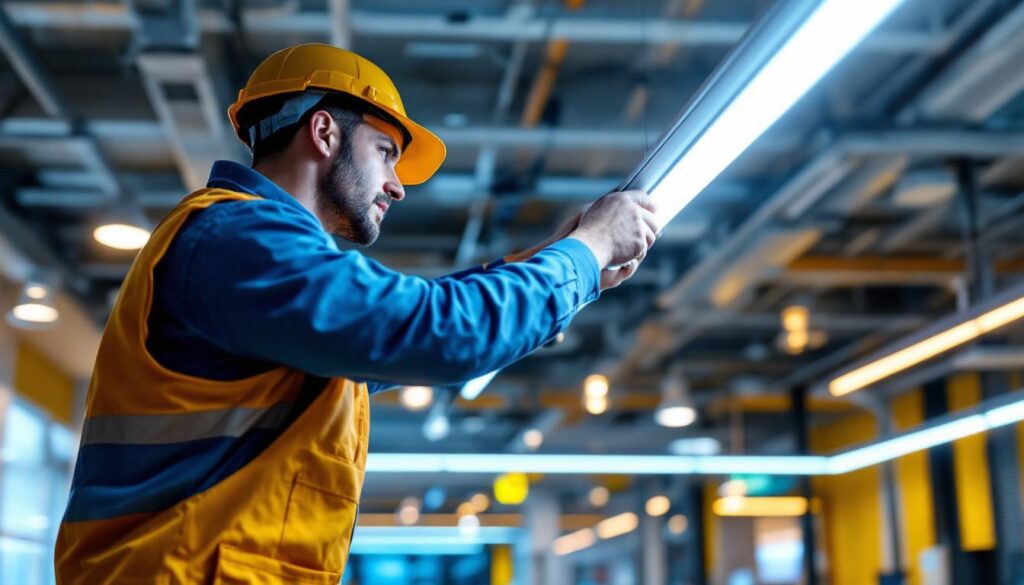 A photograph of a lighting contractor expertly installing led light tracks in a modern commercial space