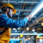 A photograph of a lighting contractor expertly installing led light tracks in a modern commercial space