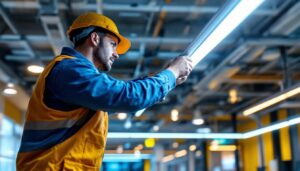 A photograph of a lighting contractor expertly installing led light tracks in a modern commercial space