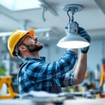A photograph of a skilled lighting contractor installing a ceiling mount light bracket