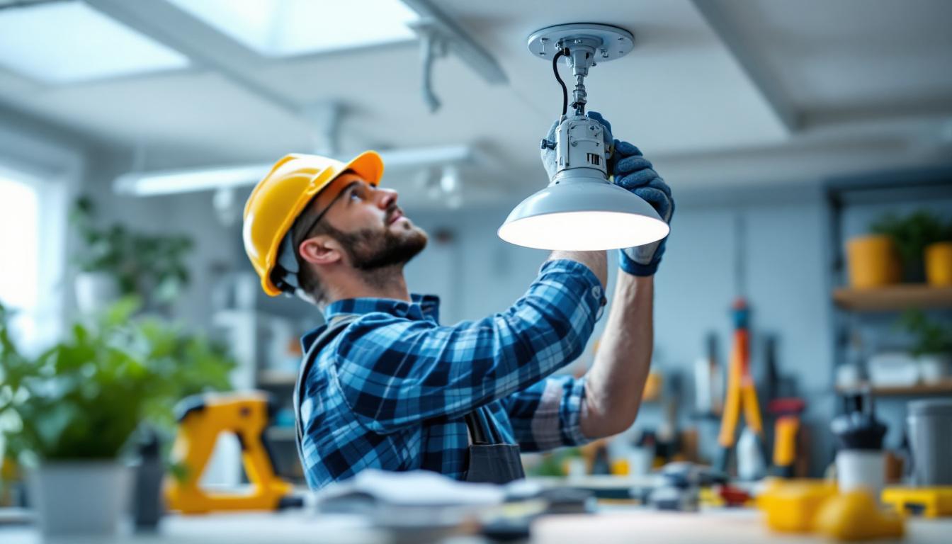 A photograph of a skilled lighting contractor installing a ceiling mount light bracket