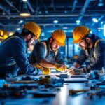 A photograph of a dynamic lighting contractor team collaborating on an innovative lighting installation project