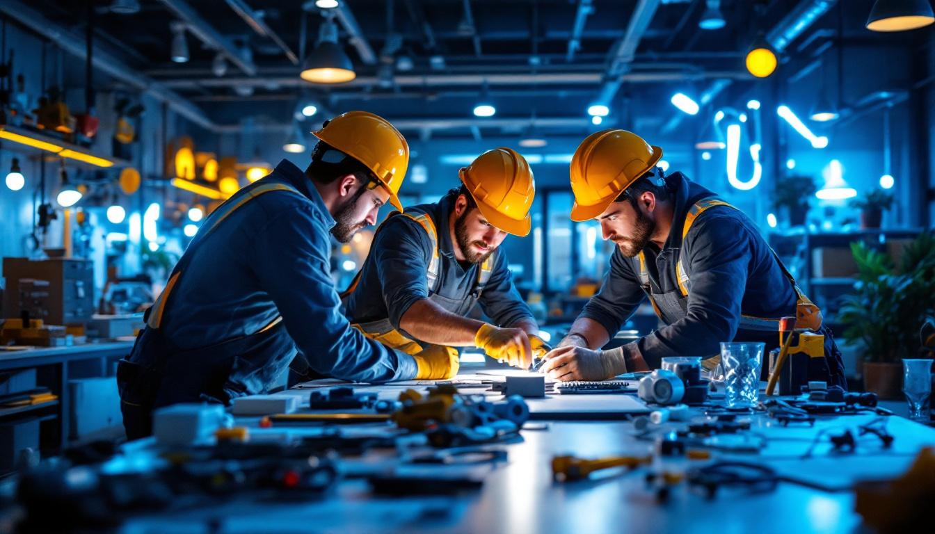 A photograph of a dynamic lighting contractor team collaborating on an innovative lighting installation project