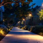 A photograph of a beautifully illuminated outdoor space featuring flood landscape lights in action