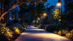 A photograph of a beautifully illuminated outdoor space featuring flood landscape lights in action