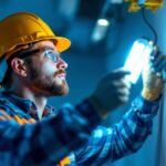 A photograph of a lighting contractor in action