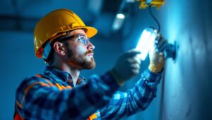 A photograph of a lighting contractor in action