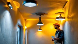 A photograph of a well-lit basement featuring stylish pot lights installed in the ceiling