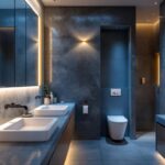 A photograph of a well-designed bathroom featuring modern recessed lighting