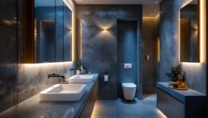 A photograph of a well-designed bathroom featuring modern recessed lighting