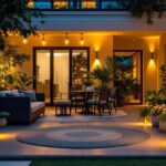 A photograph of a beautifully illuminated outdoor patio featuring energy-efficient led lighting