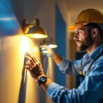 A photograph of a skilled contractor installing or adjusting smart lighting systems in a modern home environment