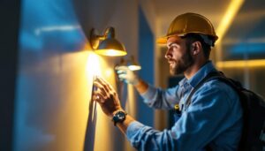 A photograph of a skilled contractor installing or adjusting smart lighting systems in a modern home environment