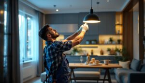 A photograph of a skilled electrician or lighting technician expertly installing modern