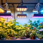 A photograph of a well-organized indoor gardening setup featuring various grow lights strategically hung above vibrant plants