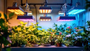 A photograph of a well-organized indoor gardening setup featuring various grow lights strategically hung above vibrant plants
