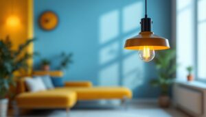 A photograph of a stylish modern hanging lamp in a beautifully lit interior setting