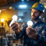 A photograph of a lighting contractor examining and comparing two different light bulbs—br20 and br30—while surrounded by various lighting setups in a workshop or job site