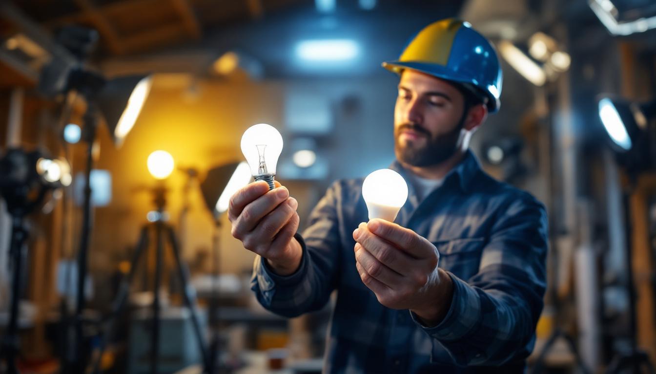 A photograph of a lighting contractor examining and comparing two different light bulbs—br20 and br30—while surrounded by various lighting setups in a workshop or job site