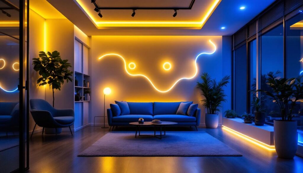 A photograph of a beautifully lit space showcasing 120 volt led tape lights installed in various creative applications