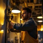 A photograph of a skilled lighting contractor expertly installing philips advance fixtures in a well-lit commercial space