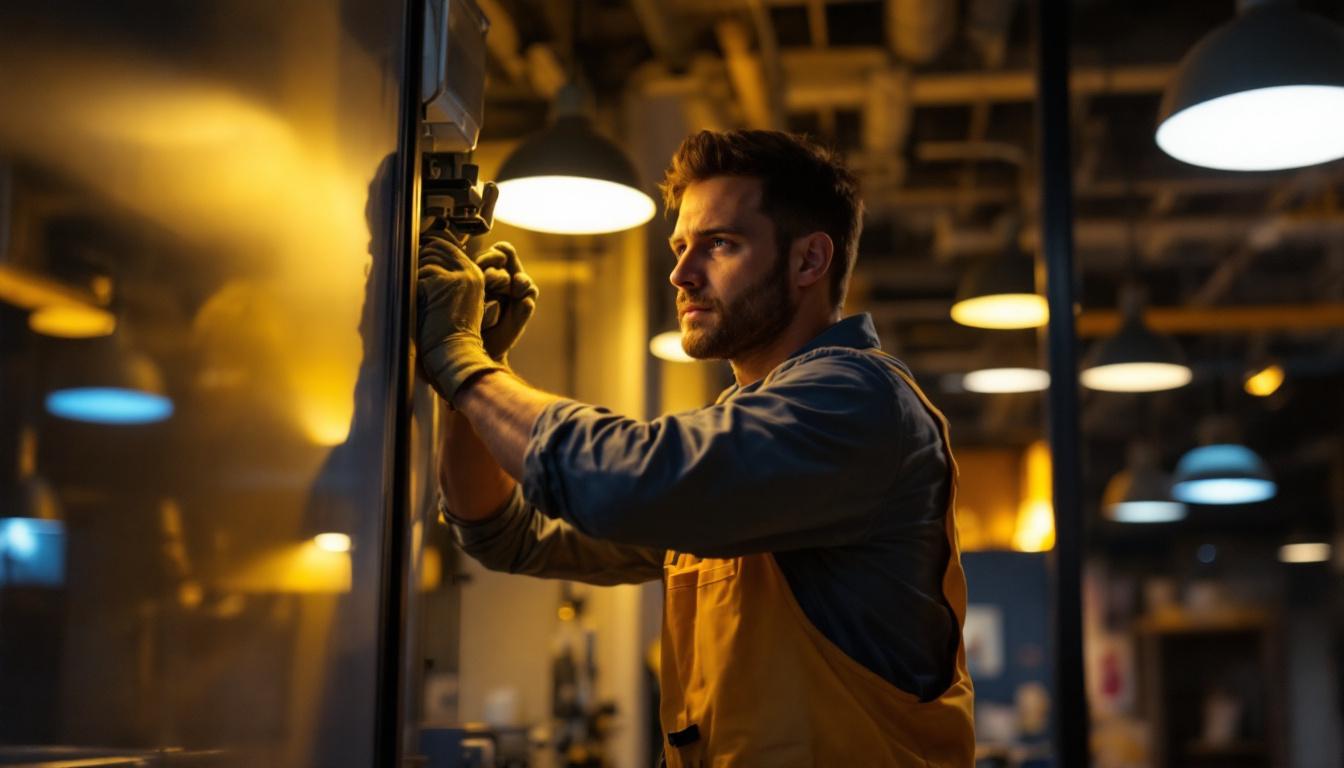 A photograph of a skilled lighting contractor expertly installing philips advance fixtures in a well-lit commercial space