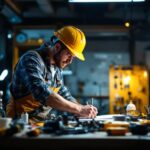 A photograph of a lighting contractor in action