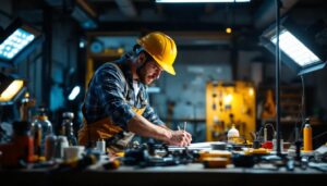 A photograph of a lighting contractor in action