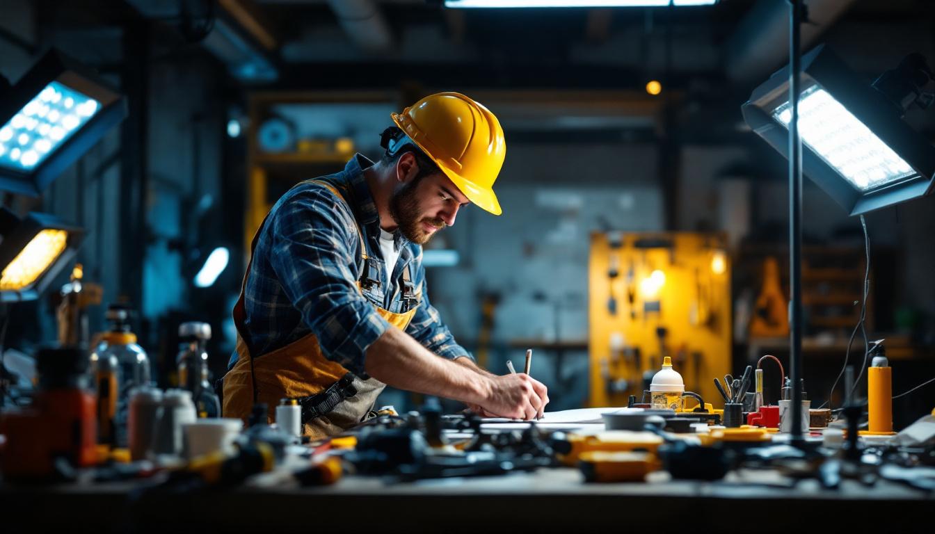 A photograph of a lighting contractor in action