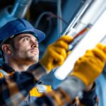 A photograph of a skilled electrician or technician replacing a fluorescent light ballast