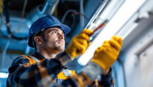 A photograph of a skilled electrician or technician replacing a fluorescent light ballast