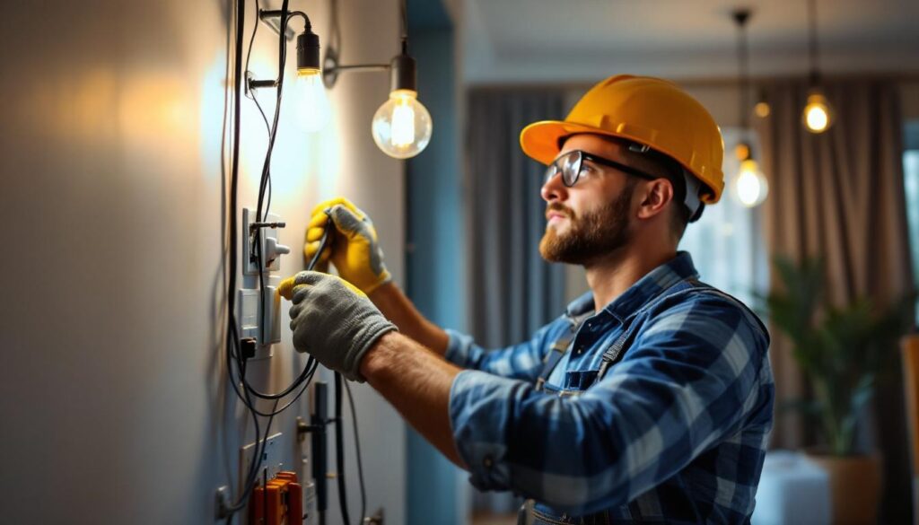 A photograph of a skilled lighting contractor expertly installing a four-way switch in a stylish home setting