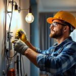 A photograph of a skilled lighting contractor expertly installing a four-way switch in a stylish home setting