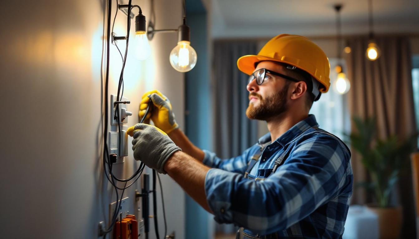 A photograph of a skilled lighting contractor expertly installing a four-way switch in a stylish home setting