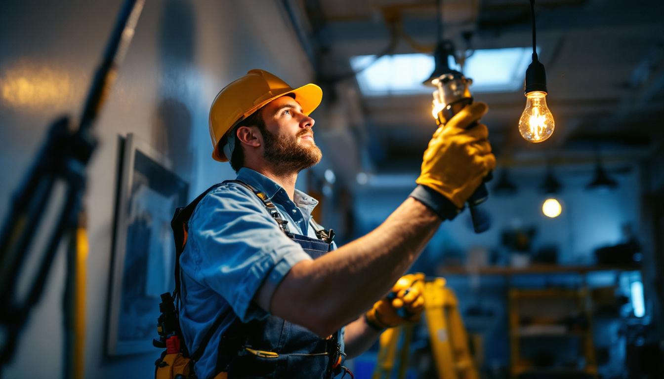 A photograph of a lighting contractor in action