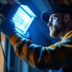 A photograph of a lighting contractor expertly installing or adjusting hid lights in a residential or commercial setting