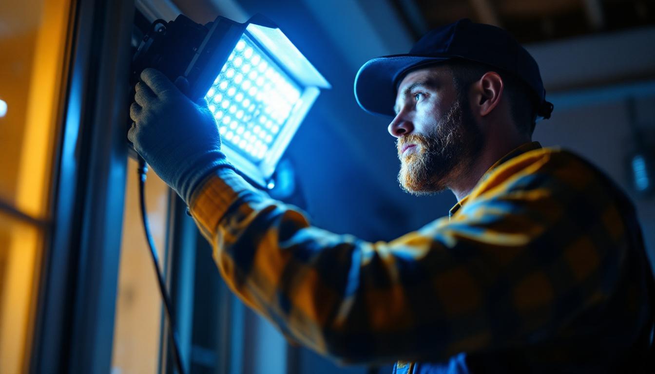 A photograph of a lighting contractor expertly installing or adjusting hid lights in a residential or commercial setting
