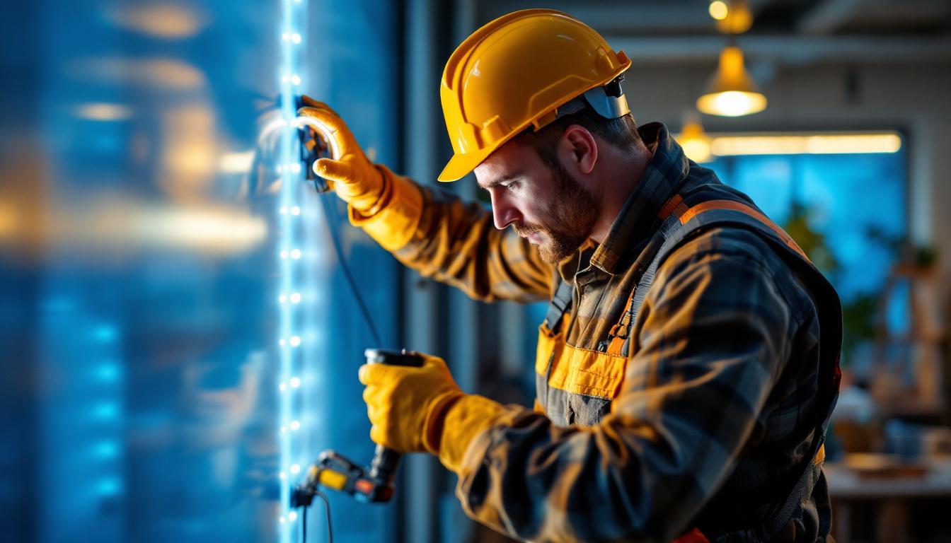 A photograph of a lighting contractor expertly installing led tape flexible strip lighting in a modern interior setting