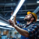 A photograph of a lighting contractor expertly installing or adjusting a fluorescent light fixture in a modern workspace