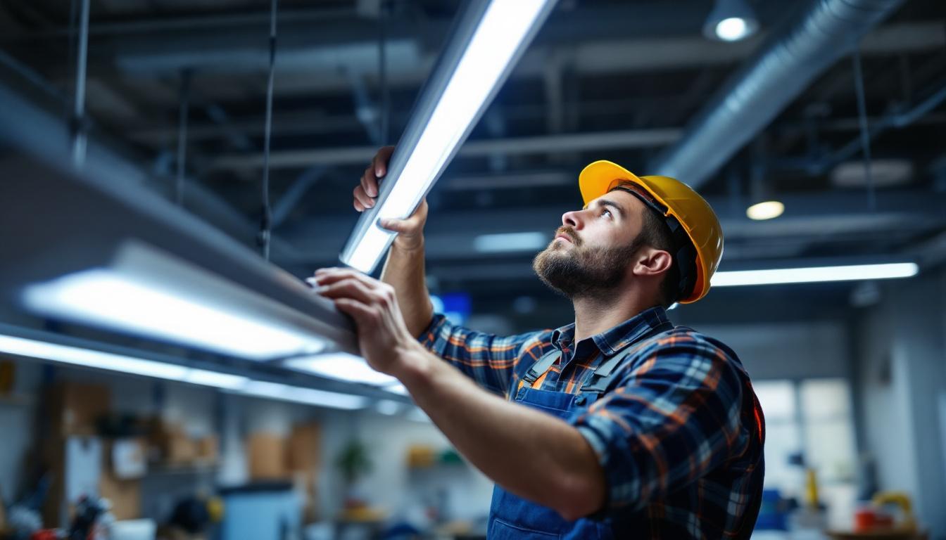 A photograph of a lighting contractor expertly installing or adjusting a fluorescent light fixture in a modern workspace
