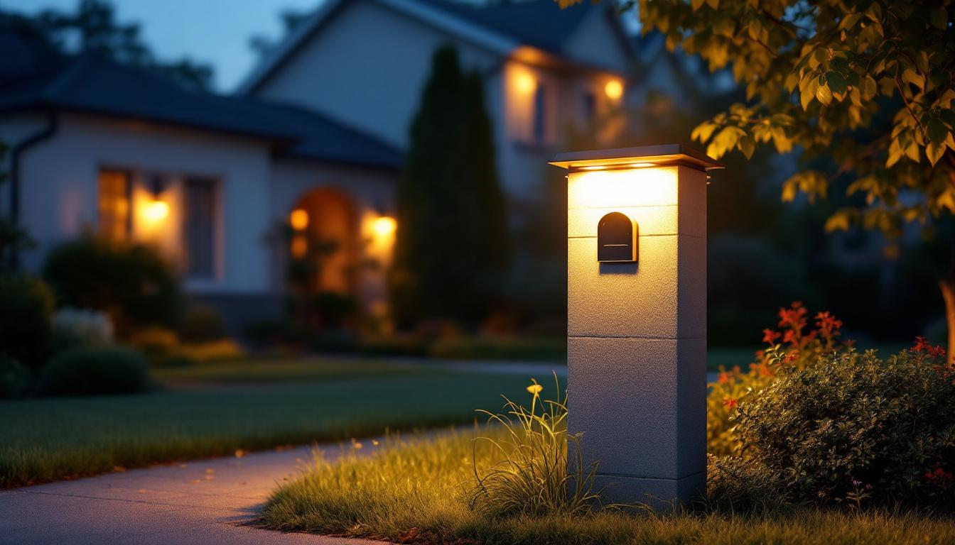 A photograph of a beautifully illuminated mailbox post at dusk