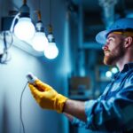 A photograph of a lighting contractor skillfully installing a led bulb in place of a fluorescent fixture
