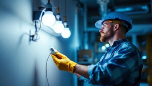 A photograph of a lighting contractor skillfully installing a led bulb in place of a fluorescent fixture