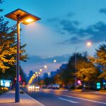 A photograph of a modern solar lamp post illuminating a vibrant urban street at dusk