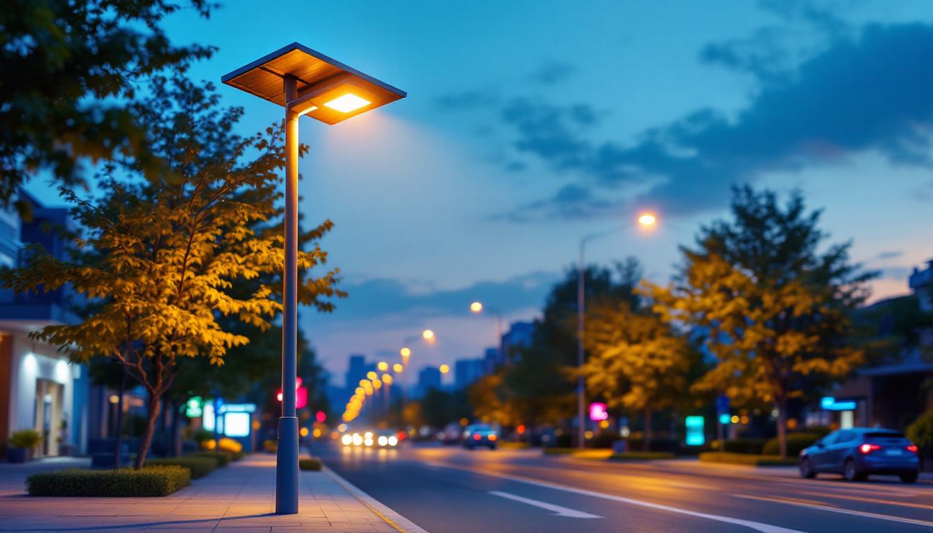 A photograph of a modern solar lamp post illuminating a vibrant urban street at dusk
