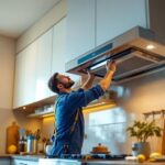 A photograph of a lighting contractor installing a sleek